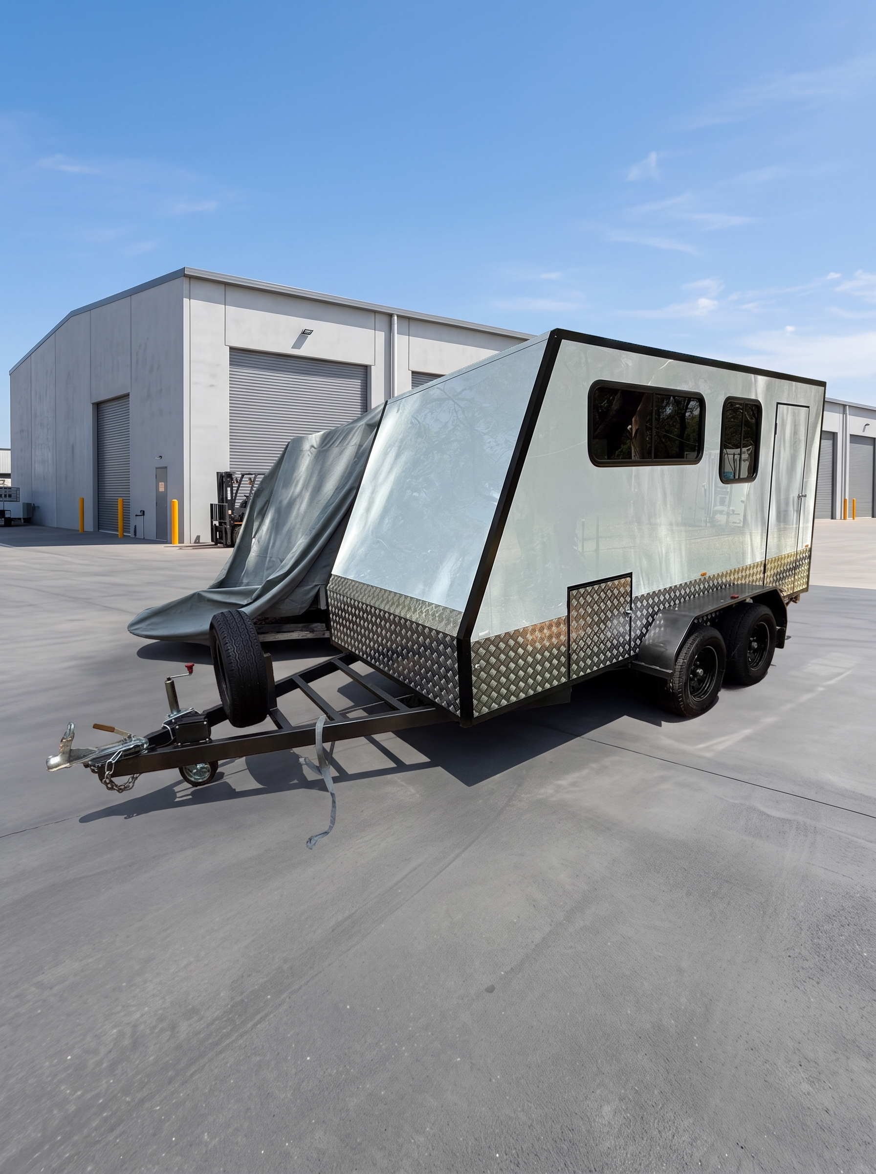 Side profile of the MotoCampers 002 enclosed trailer showing the drawbar, spare wheel and tandem axles