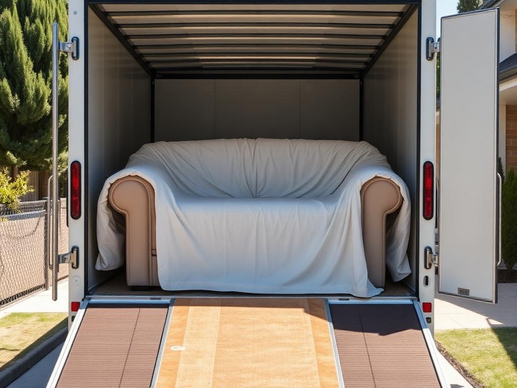 Lounge suite wrapped in moving blankets loaded into an enclosed trailer