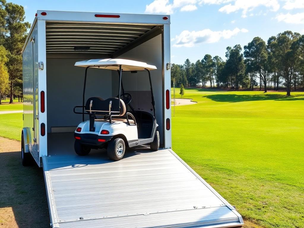 Golf cart driving up the ramp of an enclosed trailer at a golf club