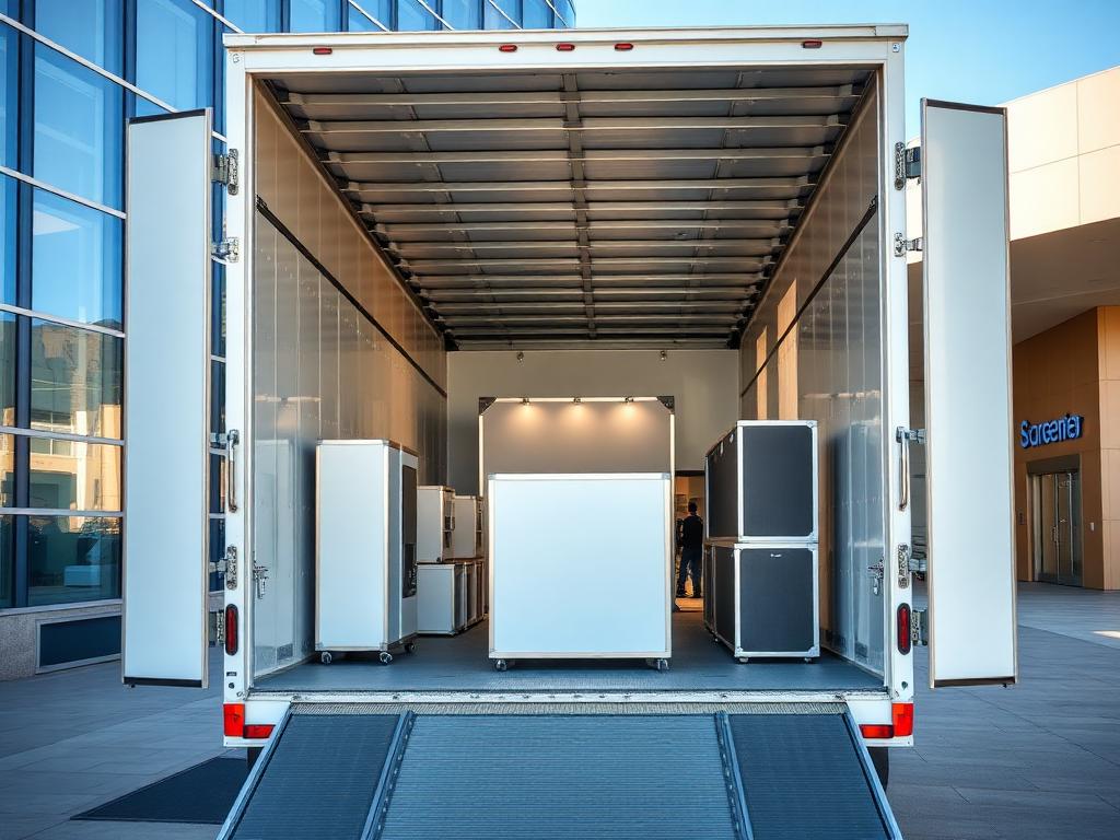 Trade show display equipment loaded in an enclosed trailer at a convention centre