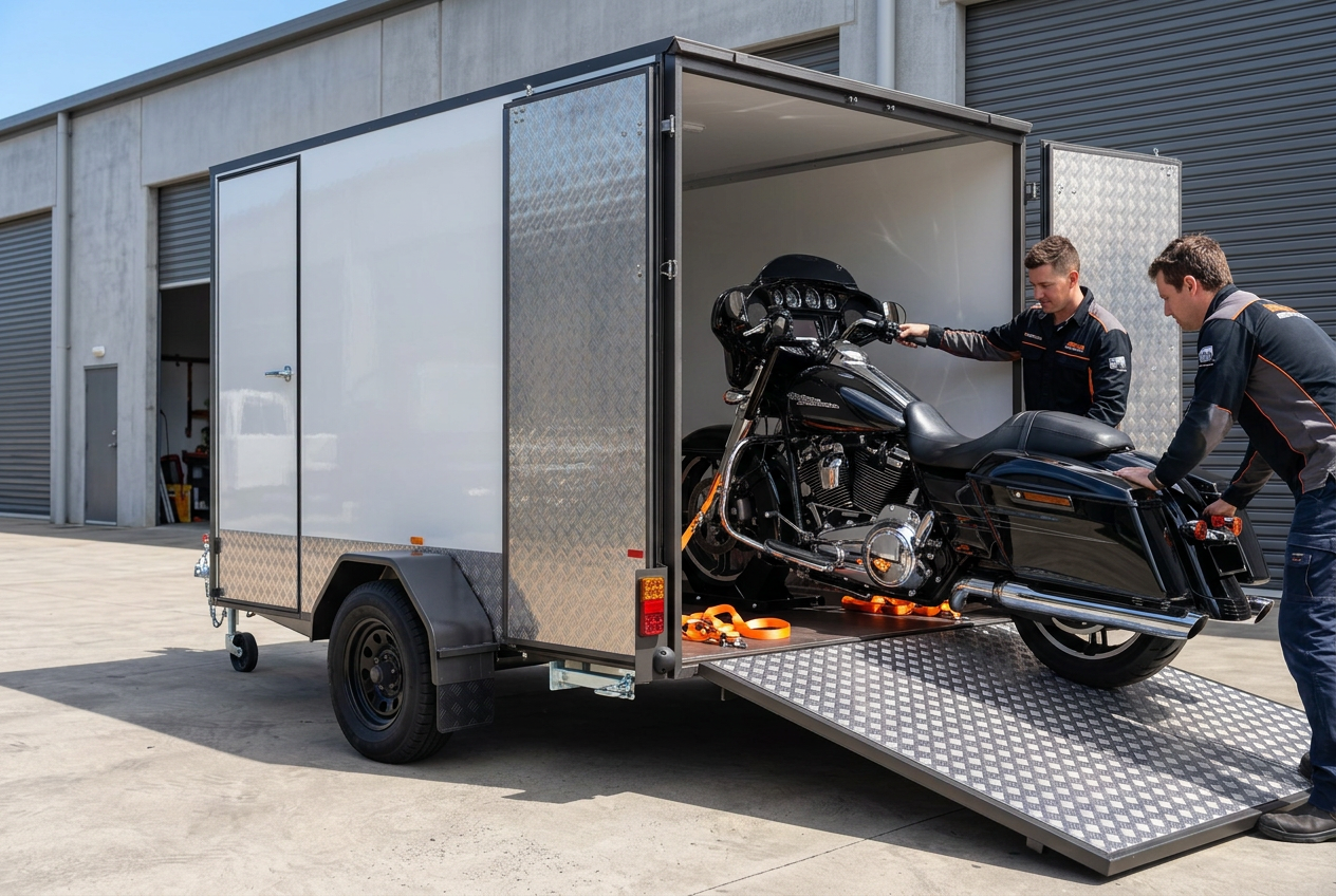 Large black cruiser touring motorcycle being rolled up the alloy ramp into a MotoCampers enclosed trailer on the Gold Coast