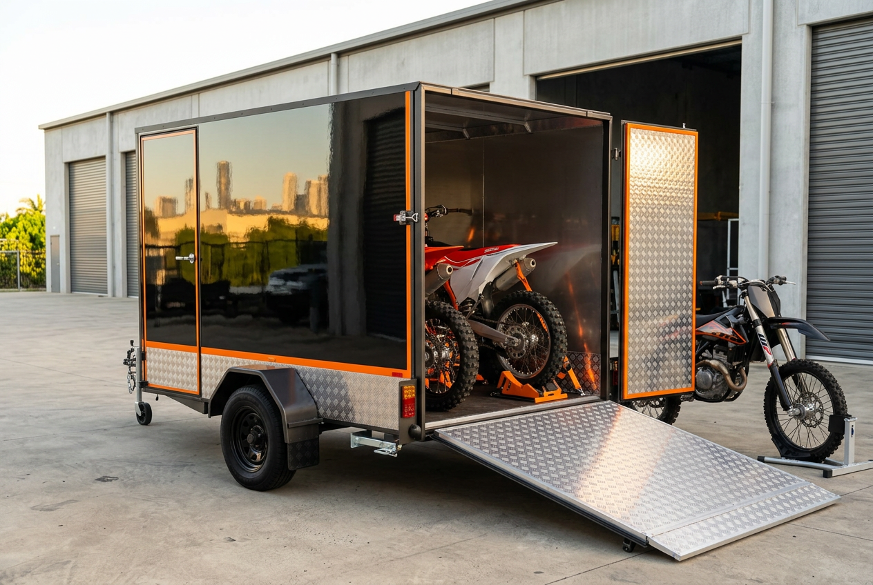 Dirt bikes loaded into a black and orange wrapped MotoCampers enclosed motorcycle transport trailer